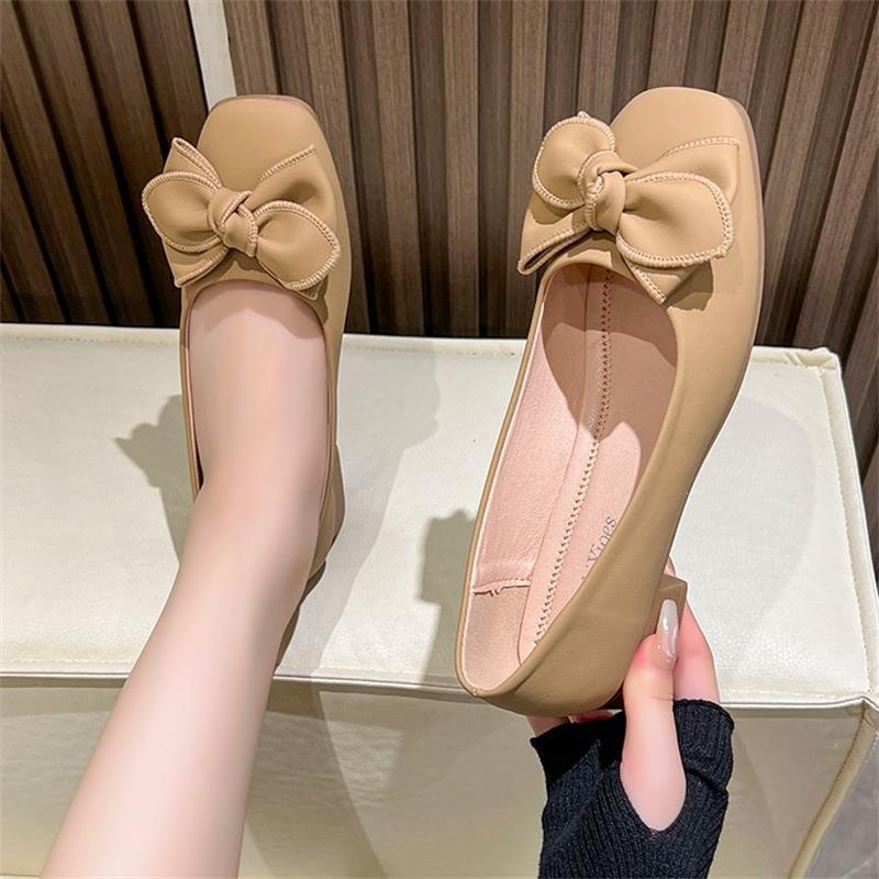 Bow shallow mouth Doudou shoes women's 2025 new spring and autumn season one pedal soft sole soft leather with skirt single shoes ladyshoes
