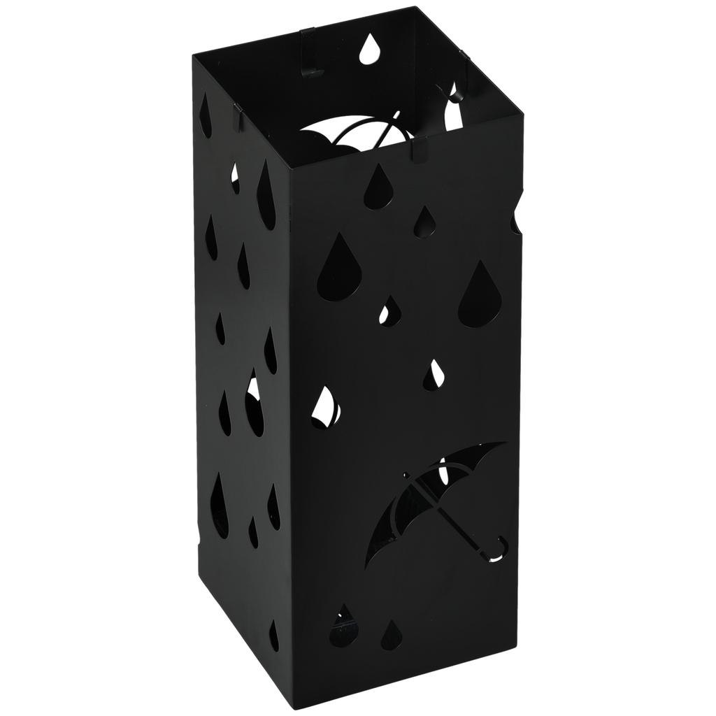 Steel Umbrella Stand, Square Umbrella Holder with 4 Hooks and Removable Drip Tray, Hollowed Umbrella Basket for Hallway, Black