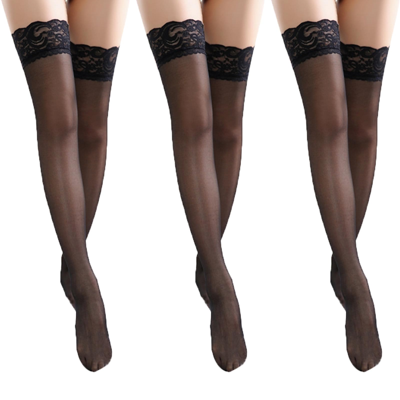 

3 Pairs Lovable Sexy Long Silk Stockings With Lace, Kawaii Socks For Women Girls Thigh High Stockings M