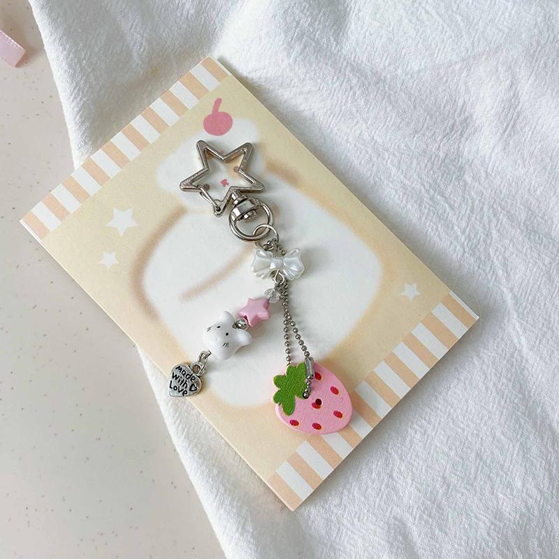 Sweet Y2K Cute Strawberry Mobile Phone Lanyard Lovely Rabbit Four Leaf Clover Star Keychain Bag Charms Girls Fresh Cute Pendant