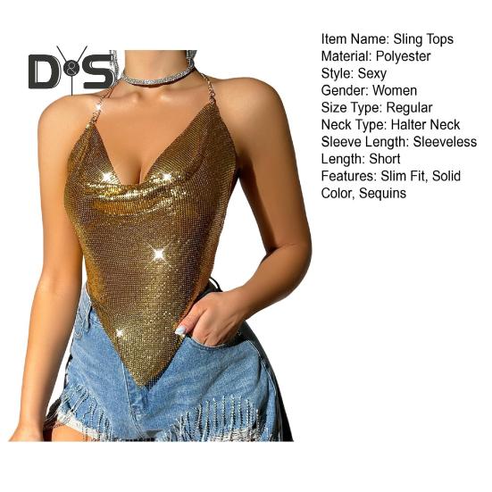 Women Sequin Sling Tops Halter Sleeveless Backless Short Vest with Metal Chain Laces And Swing Collar Sexy Camisole