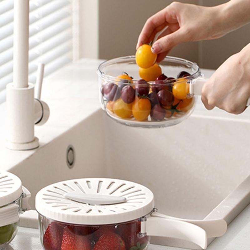 Food Grade Fruit Veggie Cleaning Basket Efficient Rotating Lid Fruit Veggie Strainer Storage Bowl For Refrigerators