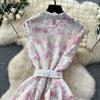 Elegant Lace Printing Formal Dresses Women Lapel Single-breasted Hollow Out Belt Slim Temperament Summer Dress