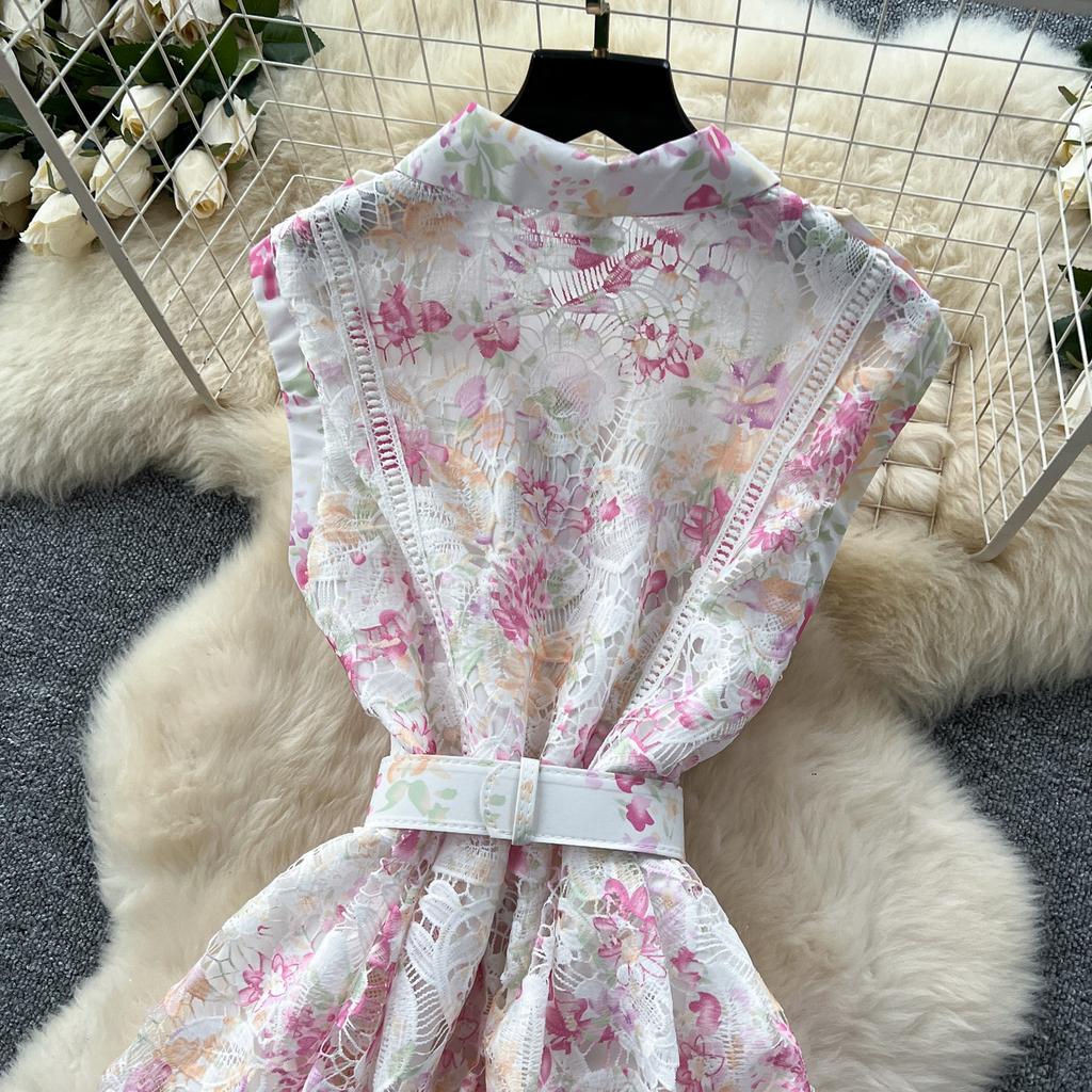 Elegant Lace Printing Formal Dresses Women Lapel Single-breasted Hollow Out Belt Slim Temperament Summer Dress