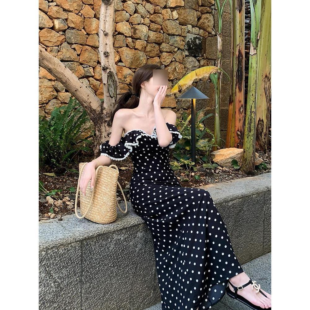 Women's New Temperament Backless Waist Long Dress Square Neck Lace Polka Dot Dress Children's Summer Leisure