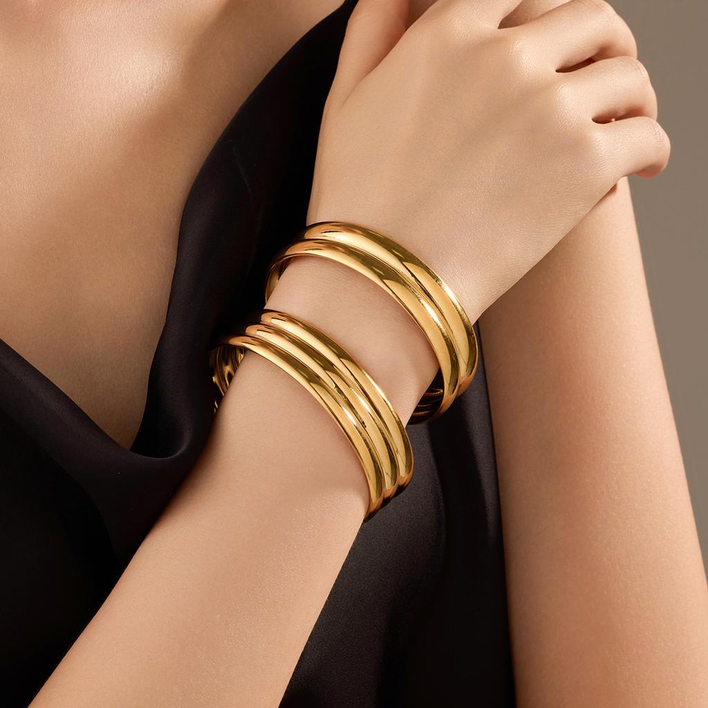 GEMCHIC Women's Double Layer Geometric Cuff Bracelet Adjustable Gold Plated Stainless Steel Bangle for Fashion