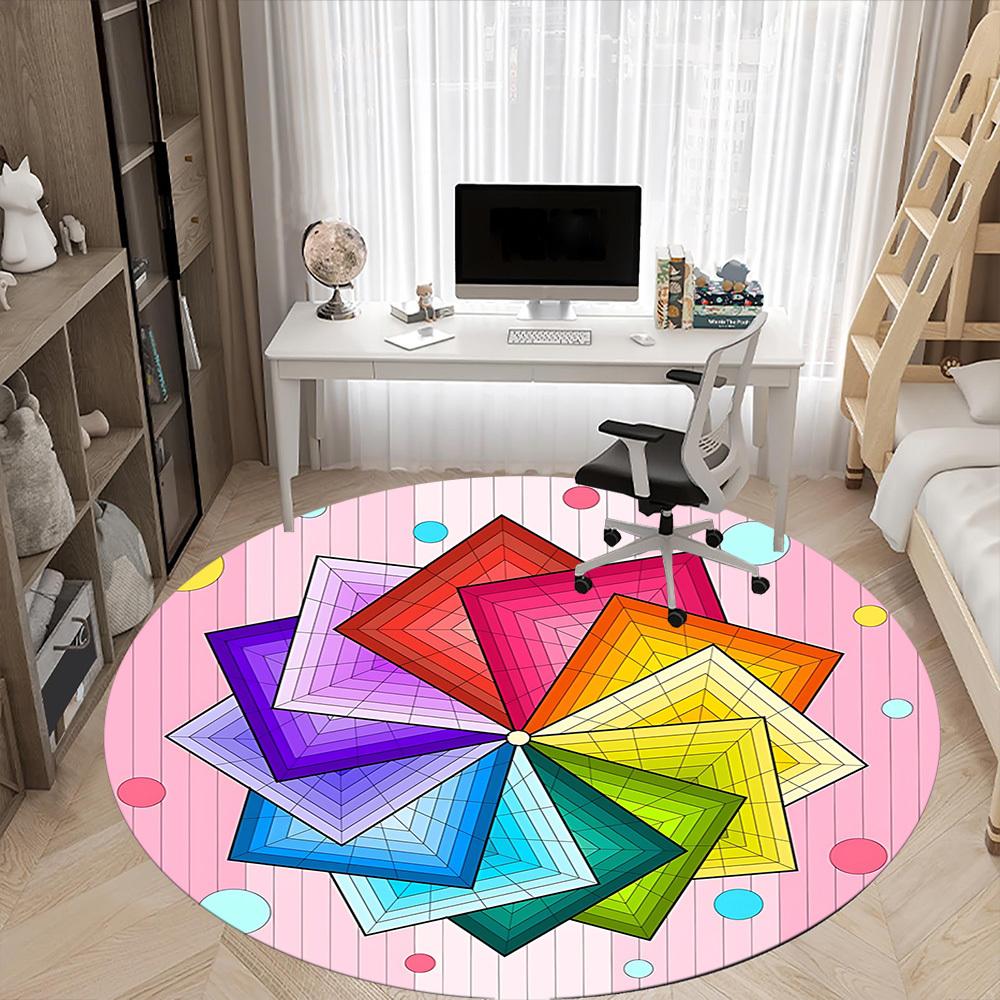 1pc Color Wheel Mandala Chair Carpet for Office, Round Polyester Mat, Indoor Decor for Office, Easycare Fabric, Washable Non-slip Area Carpet