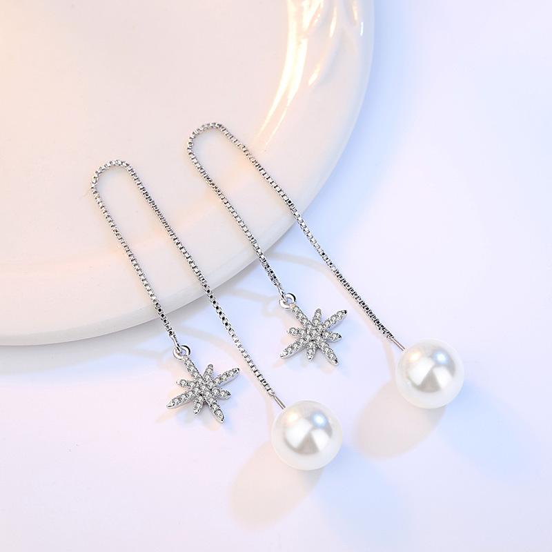 Korean Style Simple Fashion Octagonal Awn Star Mi-Shaped Star Ear Line Girl Pearl Earrings