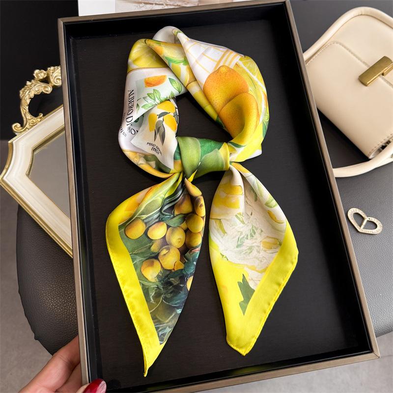 

Luxury Lemon Print Shawl Square Scarf For Women Soft Satin Wraps Neckerchief Female Hair Bands Ribbon Headband Bandana 70x70CM