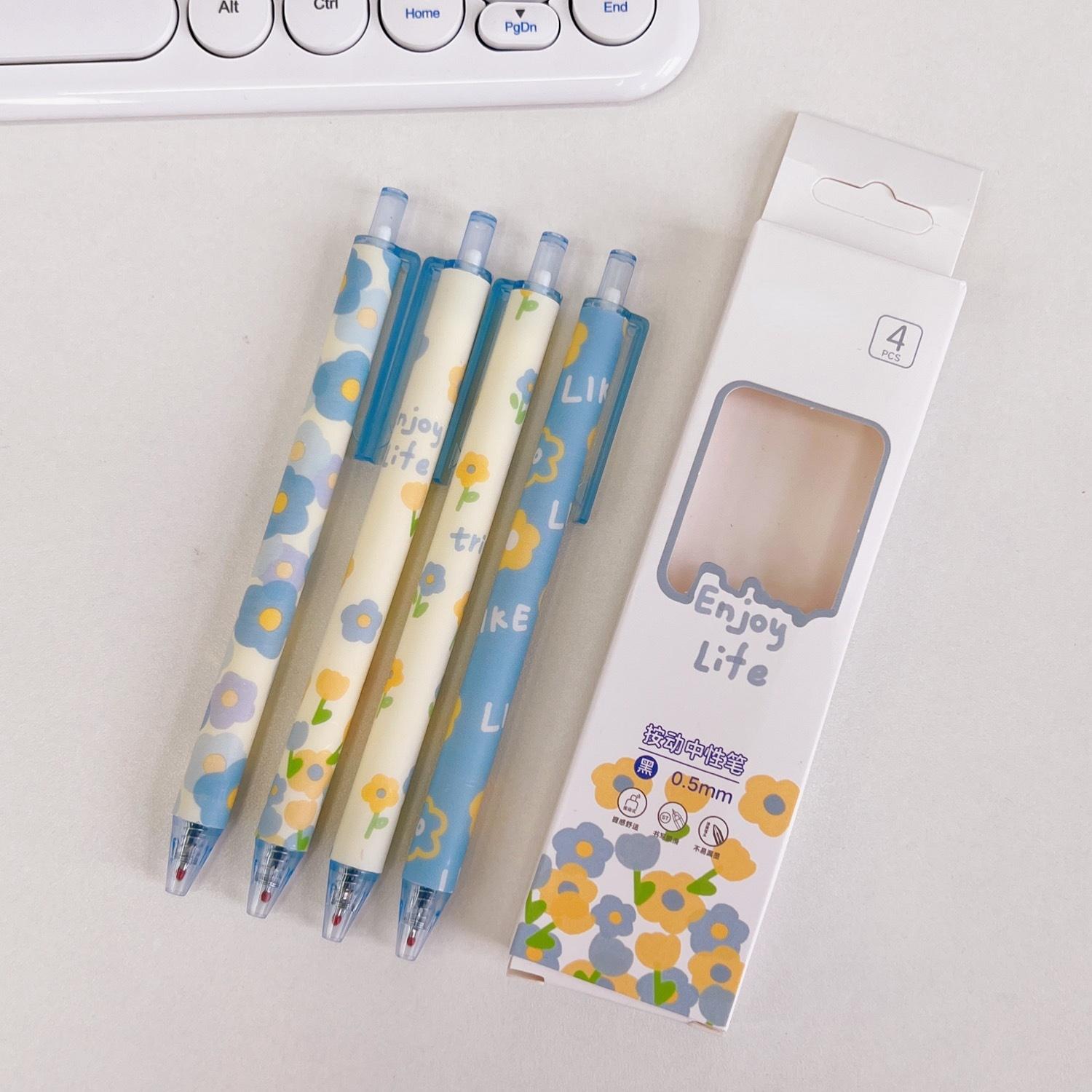 

4 шт./компл., милая черная гелевая ручка, очаровательная гелевая ручка Ins с корейским цветочным рисунком, 0,5 мм, гелевая ручка Kawaiii, ручка для дневника, блокнота, тестовая бумага, школьные принадлежности 4Pcs/set