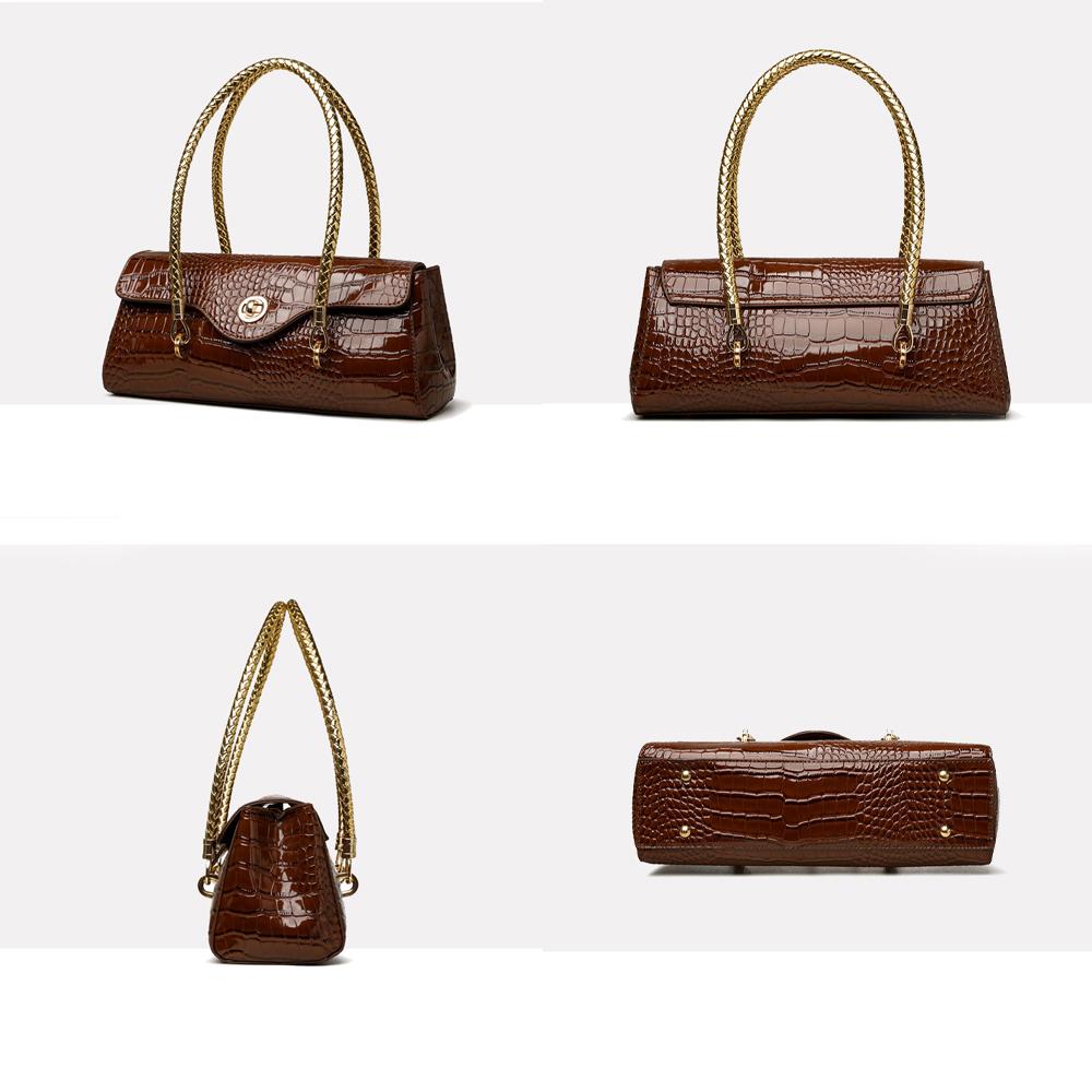 Women's Crocodile Pattern Handbag: Elegant PU Leather Top-Handle Satchel with Gold Chain Straps, Retro Shoulder Bag for Work & Commute