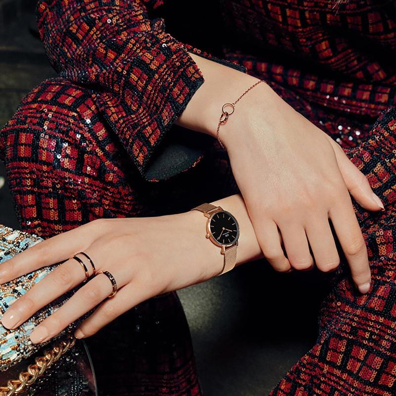 Daniel Wellington Watch PETITE series watch quartz movement 28mm black dial women's watch rose gold braided strap DW00100217