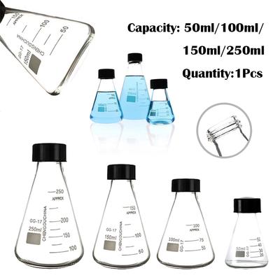 Siyah Vidalı Kapaklı 50-250ml Borosilikat Cam Erlenmayer Şişesi, Kimya Deneyi için Laboratuvar Konik Şişeler, Bilim Laboratuvar Malzemeleri