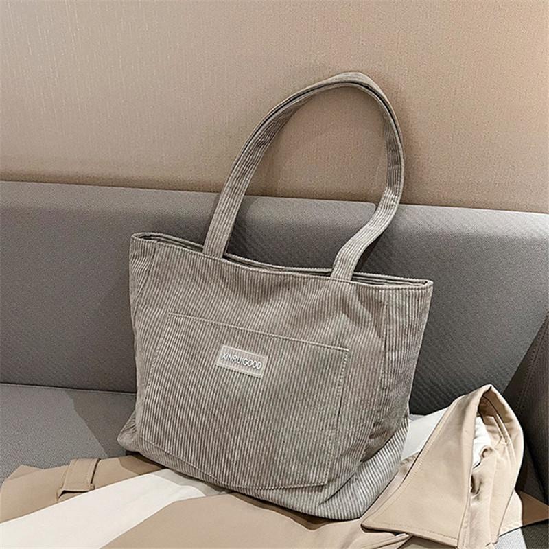 

Women S Corduroy Shoulder Bag, Large Capacity Tote Bag with Fixed Straps, Machine Washable, Polyester Lined, Ladies Handbag светло-серый