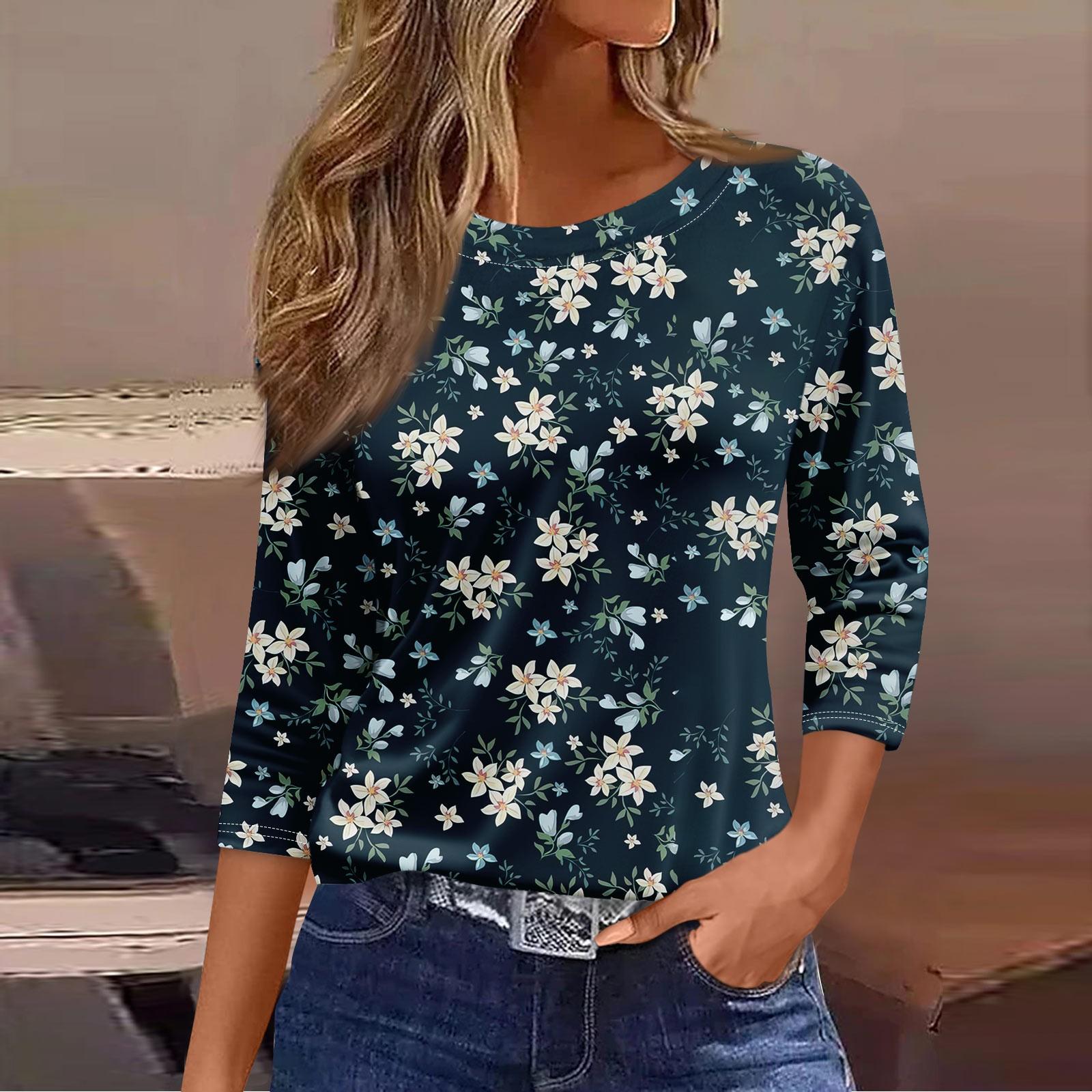 

Женская модная повседневная свободная футболка с круглым вырезом и рукавами 3/4 с принтом, женский топ XXL тёмно-синий