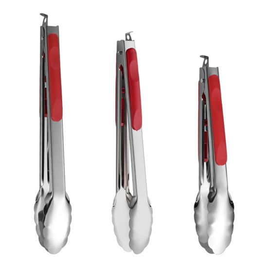 Pince de service Poignée en silicone antidérapante Manche rouge Acier inoxydable résistant à la chaleur Pince alimentaire Cuisine BBQ Buffet Pince pour égoutter l'huile