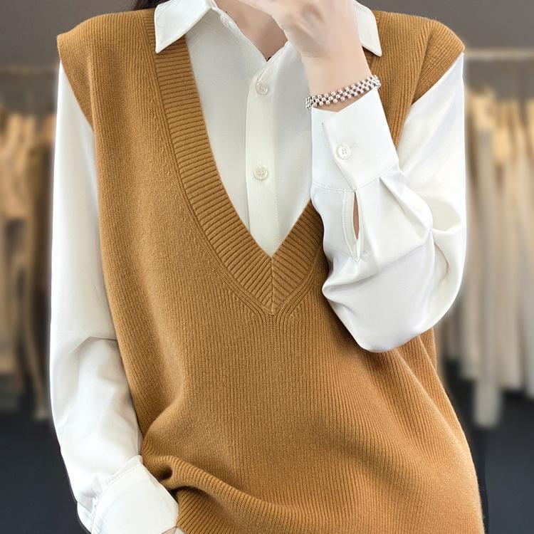 Vestă tricotată stivuită pentru femei Vestă tricotată lejeră Pulover fără mâneci Tank Top Camry Umăr Jachetă tricotată cu decolteu în V Toamnă/Iarnă