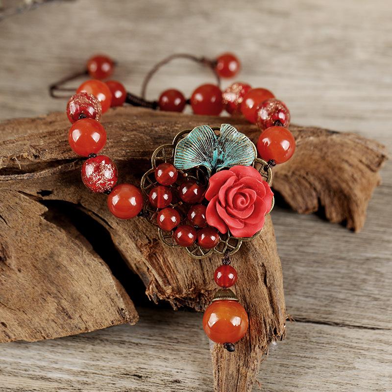 

Retro ethnic style bracelet hand-woven agate glazed flower bracelet women s simple and versatile Chinese style jewelry