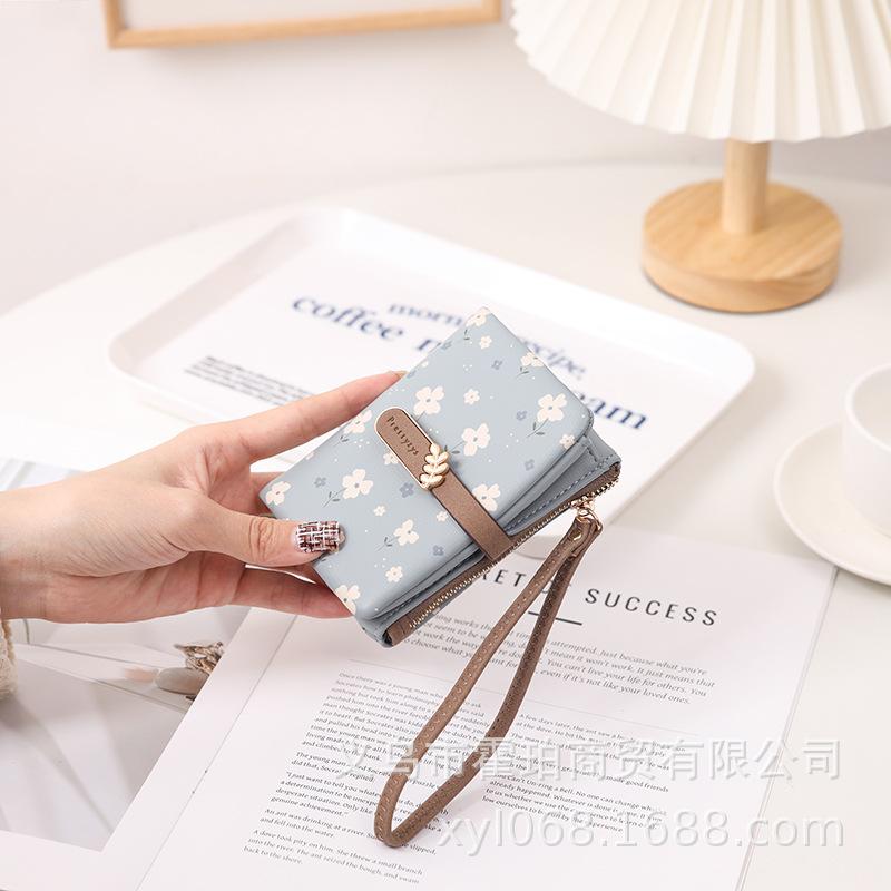 Female Wallet PU Flower Zipper Multi Card Folding Handheld Coin Student Zero Wallet