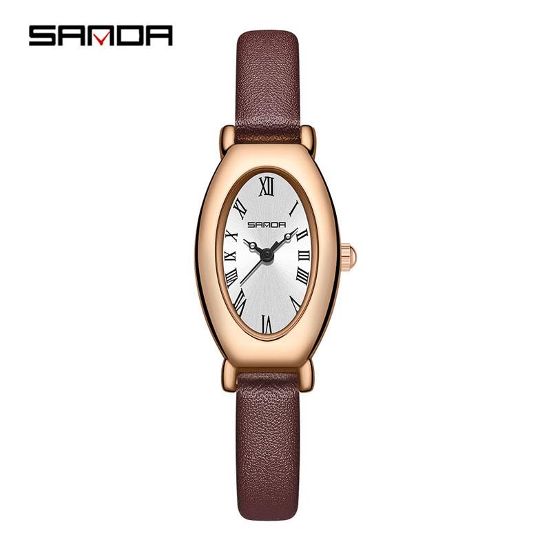 Sanda Gold Steel Band Women's Quartz Watch - Trendy, Waterproof, Simple Roman Dial, Leather Strap