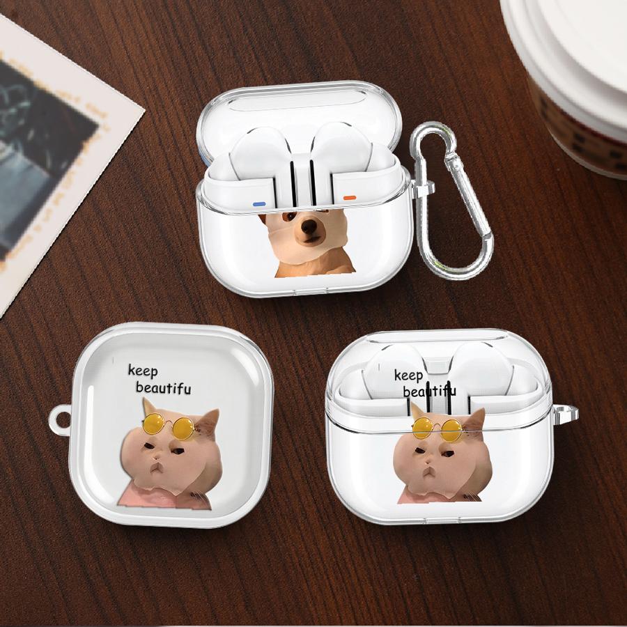 Clear Earphone Cases Cover With Hook Case For Samsung Galaxy Buds 4Pro 2 2Pro 3Pro Live 3 FE 4 Pro Funny Cat Dog Pattern