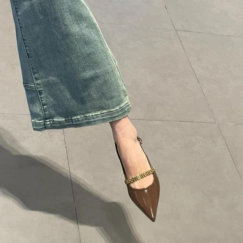 [] Mary Jane Single Shoes Women's Summer New Pointed Flat Bottom Metal Chain Sandals