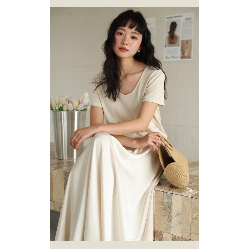 New Spring and Summer Silk Bottoming Shirt Women's Lyocell Goose Egg Neck Short Sleeve Top