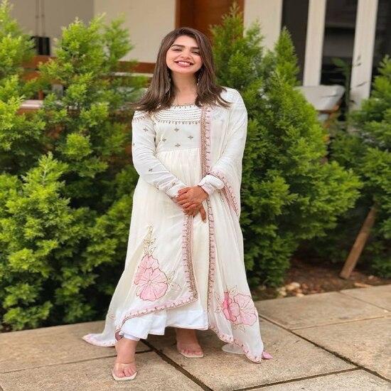 Elegant White Anarkali Suit with Pink Floral Print