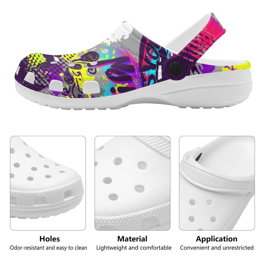 Printed White Garden Clogs Unisex Lightweight EVA Slip On Shoes Breathable Beach Pool Bathroom Home Summer Wear Outdoor Use