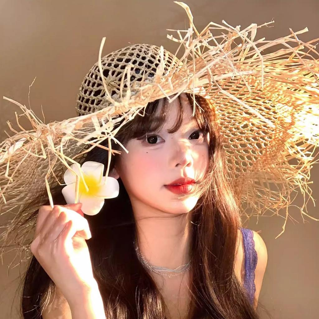 Summer Ins Hollow Big Brim Rough Rafi Straw Hat Women's Beach Hat Travel Seaside Vacation Sun Hat