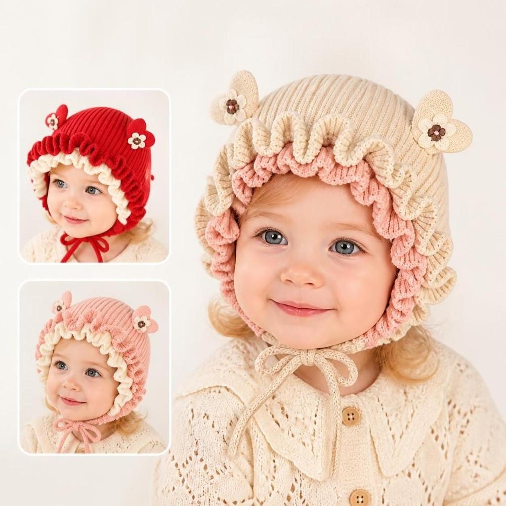 Elastic Soft Princess Knitted Hat Lace Ruffle Trim Ear Protection Hat Baby Toddlers