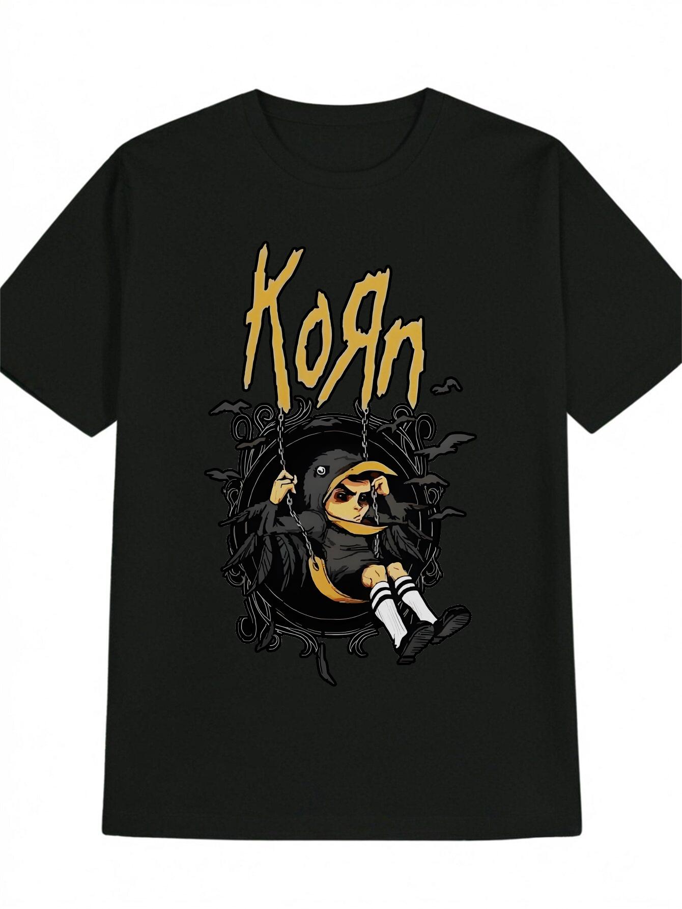 Casual Short Sleeve T-shirt with Korn Band Graphic Print - Black Round Neck Summer Tee L