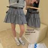 Women's Plus Size Retro Blue Plaid Flower Bud Elastic Waist Skirt - Spring/Autumn Puffy & Slimming Short Skirt