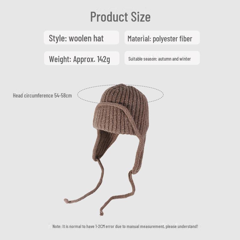 Korean Style Knitted Wool Earmuff Hat: Solid Color, Thickened for Autumn & Winter, with Strap, Unisex.