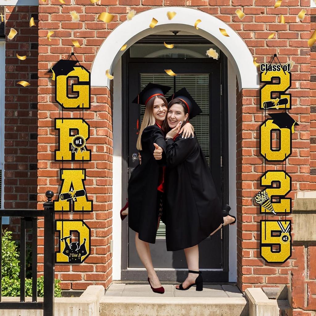 Graduation Door Banners for Front Door, Gold and Black 2025 Congratulations Congrats Door Sign for Grad Party Decoration, Porch Sign for School Yard