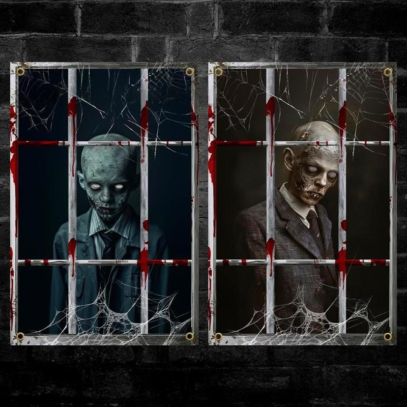 2-Piece Halloween Zombie Ghost Decor Bloody Window Scary Backdrop Outdoor Horror Hanging Cloth Spooky Party Supplies