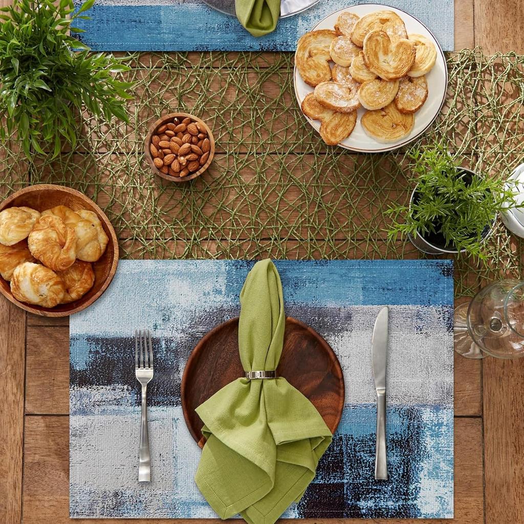 Blau-Graues Ombre Kunst-Tischset Set of 4 Modern Abstrakt Geometrische Blöcke Tischmatten 12x18 Zoll für Küchen-Esstisch-Dekoration Hitzebeständig Wasser