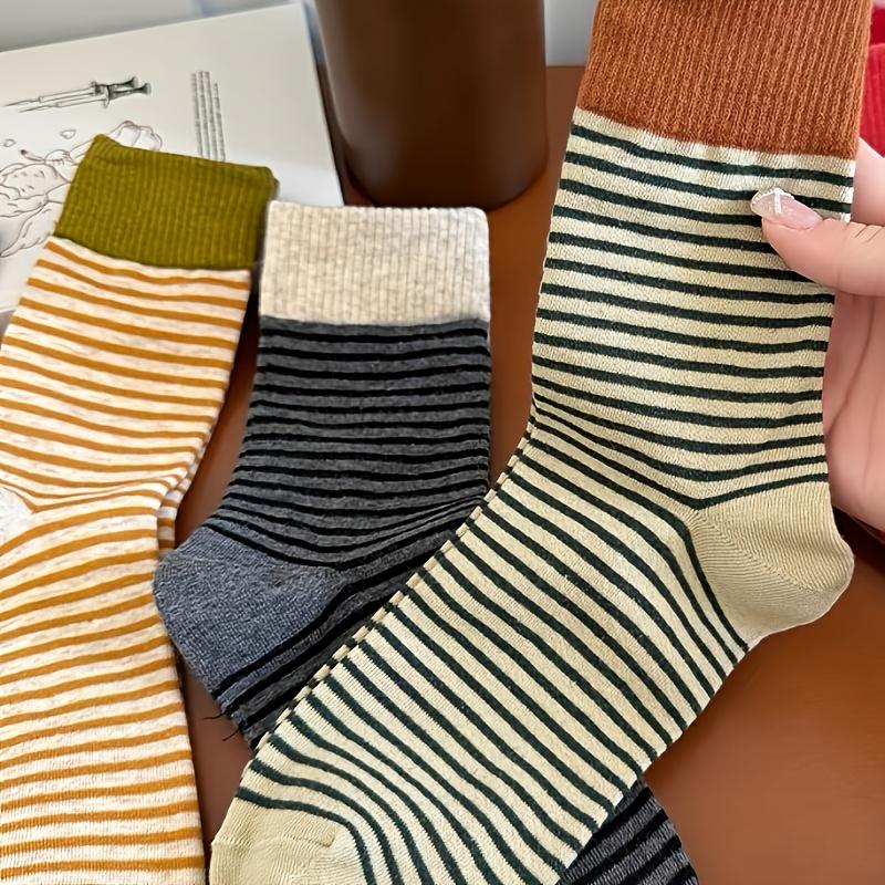 5 Pairs Women's Striped Crew Socks - Preppy Casual Thick Stacked Socks with Side Stripes, Multi-Color Combinations for Fall Winter Warmth Ruffle Socks