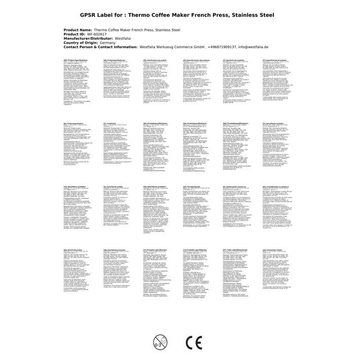Cafetière à piston - WESTFALIA - Thermo French Press - Acier inoxydable - Double paroi - Écologique