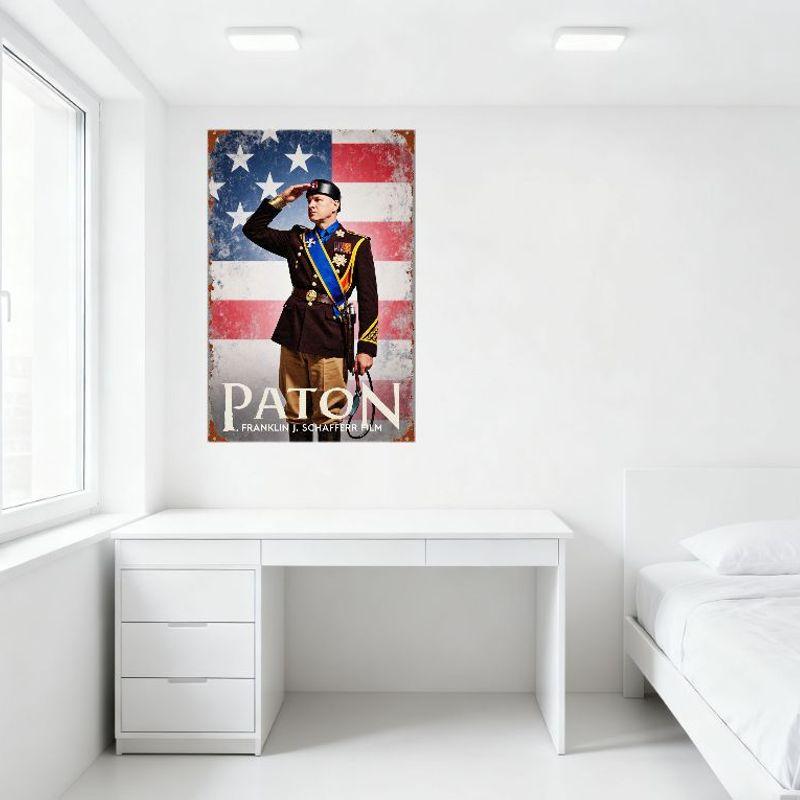 Vintage 'Patton' Movie Metal Tin Sign - Military Soldier Saluting American Flag, Medal Decorated Uniform, Sword & Rifle Decorati