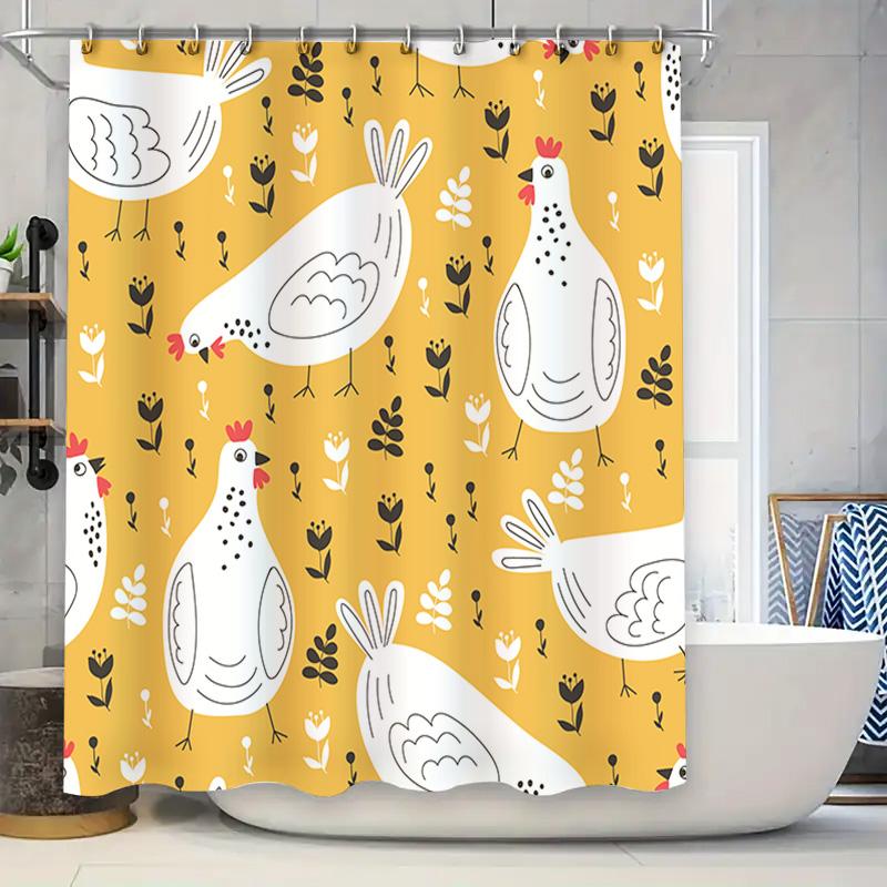 

Chicken Print Shower Curtain Home Bathroom Decor With Rabbit And Flower Pattern In Yellow 3D Printed Waterproof Fabric Material W60H190(CM)-1 Pcs