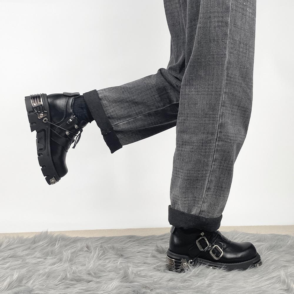 Dark punk style leather shoes metal niche design sense low top platform single shoes