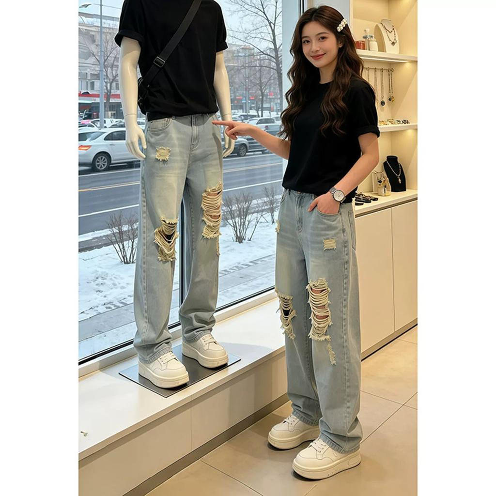 American Retro Blue Ripped Jeans Men's Summer Ruffian Handsome Loose Casual Pants Cleanfit Straight Pants