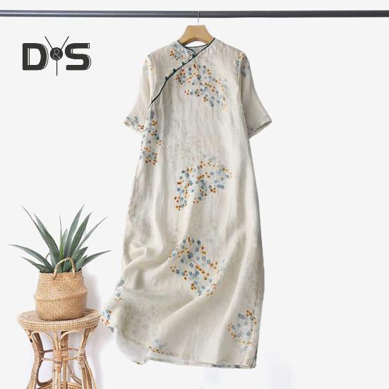 Vestido Midi Cheongsam Qipao Vintage com Estampa Floral para Mulheres Solto Manga Curta Estilo Chinês com Bolsos para Casamento