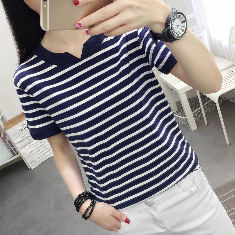 

YYFS женские модные повседневные летние весенние блузки и рубашки с короткими рукавами и v-образным вырезом в полоску с принтом XXXXL тёмно-синий