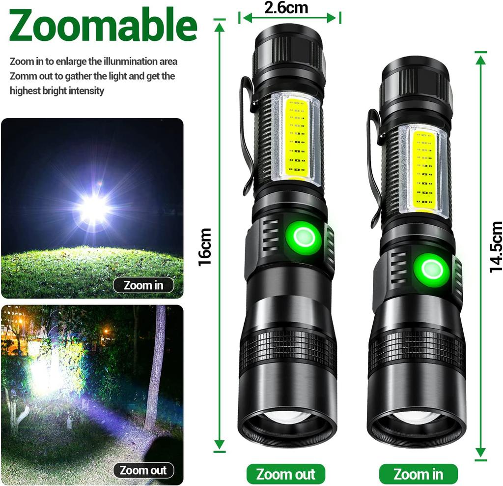 3in1 LED Flashlight UV Flashlight with 1200Lumen LED Light,Magnetic LED Torch with COB Sidelight,Zoomable,Waterproof for Camping