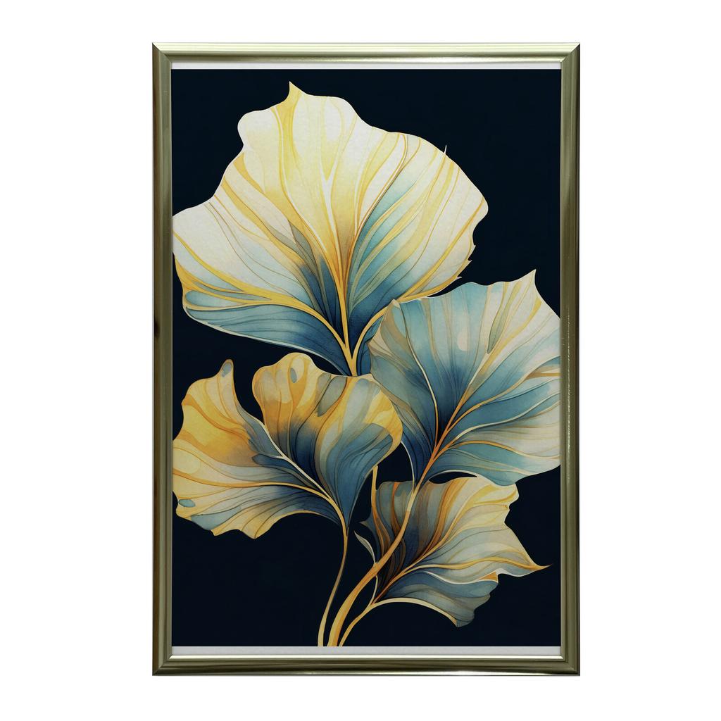 Liście W Akwareli - Ciemny Akwamaryn I Bursztyn Liście W Akwareli - Ciemny Akwamaryn I Bursztyn, 30X40 Cm, Rama Aluminiowa Czarna, Papier Matowy 230 G
