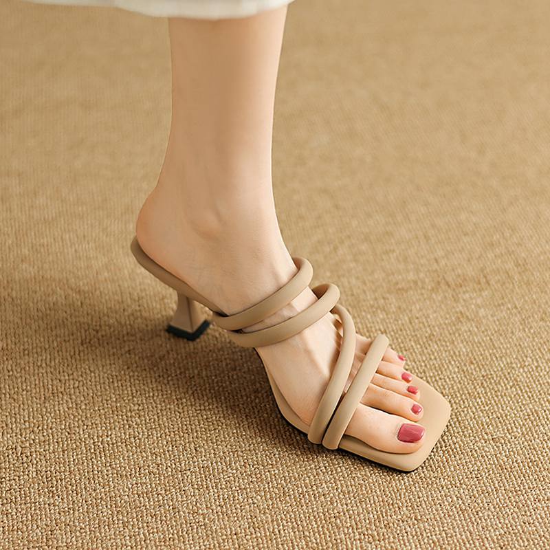 Krazing Pot Mules Mikrovlákno Peep Toe Stiletto Tenké vysoké podpatky Letní boty Velikost 44 Velikost 43 Crystal Dámské Sandály