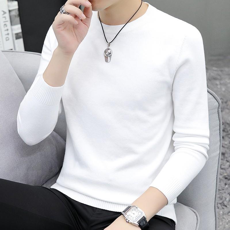 Men's Slim Fit Round Neck Sweater: Long Sleeve, Thin Pullover, Solid Color, Plus Velvet Knitwear for Autumn/Winter.