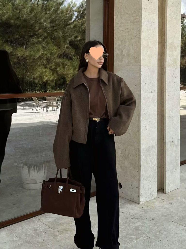 European & American Women's Retro Solid Color Lapel Short Jacket - Brown.